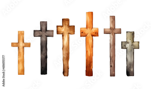 Watercolor wooden cross in different color and shape painting clipart