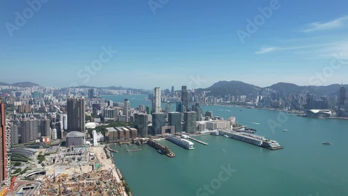 West Kowloon Cultural Area, A Waterfront Leisure Promenade Palace Museum Freespace near Tsim Sha Tsui, Central, Victoria Harbour, Hong Kong in the background, Aerial drone skyview photo