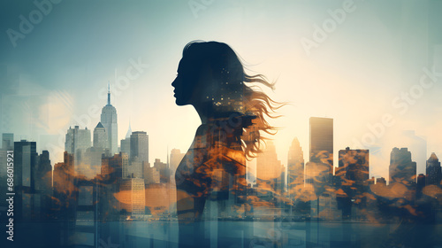 Double exposure of woman silhouette and modern city skylin. generative ai. photo
