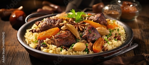 Top view of mixed lamb meat, rice, dried fruits, onions, and chestnuts in a pilaf dish.