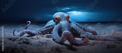 Nocturnal shot of an octopus vulgaris on sand. © AkuAku
