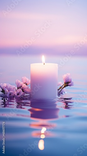 Candle and Lavender Flowers on Water at Sunset, Purple Color