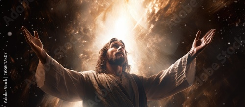 Jesus Christ extending aid in warmly illuminated space.