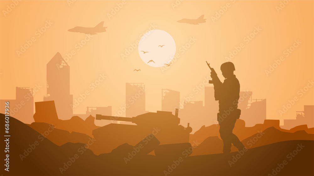 Destroyed city landscape of war vector illustration. Illustration of soldier and military vehicle at war conflict. Battlefield landscape for illustration, background or wallpaper