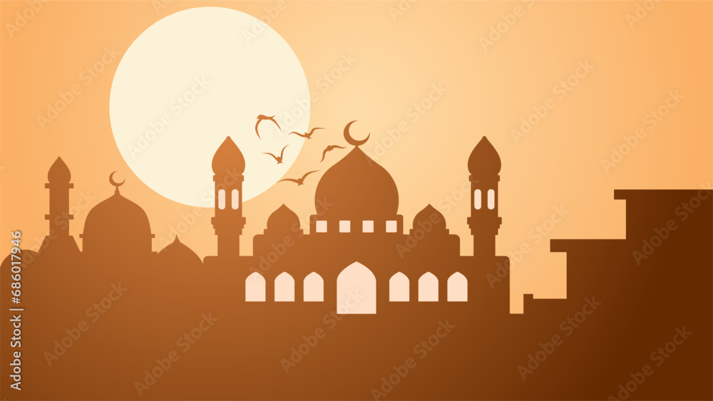 Mosque silhouette landscape vector illustration. Ramadan scenery design graphic in muslim culture and islam religion. Mosque panorama for illustration, background or wallpaper