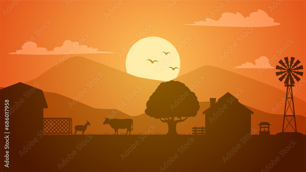 Fototapeta premium Farmland silhouette landscape vector illustration. Scenery of livestock and windmill in the countryside farm. Rural panorama for illustration, background or wallpaper
