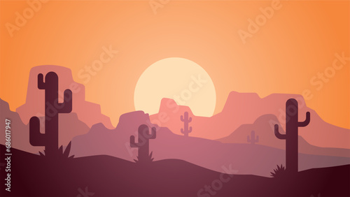 Desert landscape vector illustration. Scenery of rock desert with cactus and butte stone. Wild west desert panorama for illustration, background or wallpaper photo
