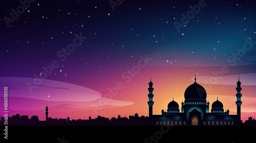 Silhouettes of Mosque dome and crescent moon in the background, symbol of Islamic religion and empty space for text. Generative AI