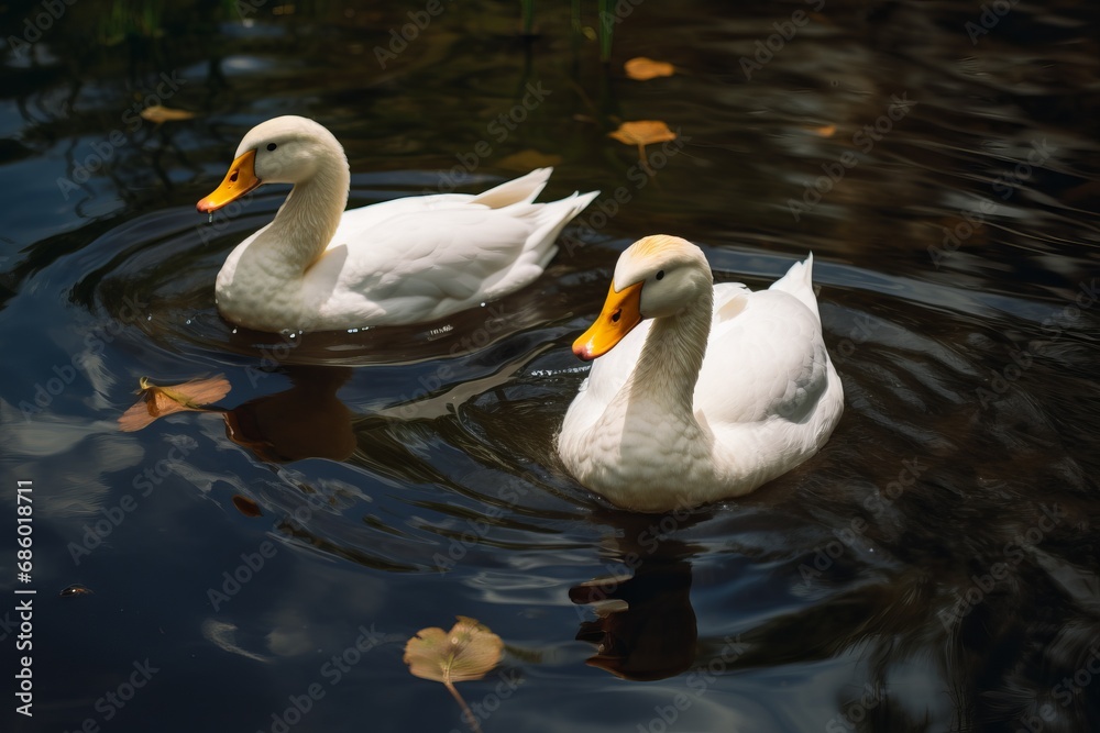 Fototapeta premium Two white ducks swimming in a pond