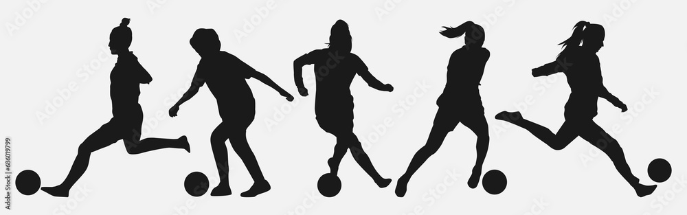 set of silhouettes of athletes, female football players. isolated on white background. graphic vector illustration.