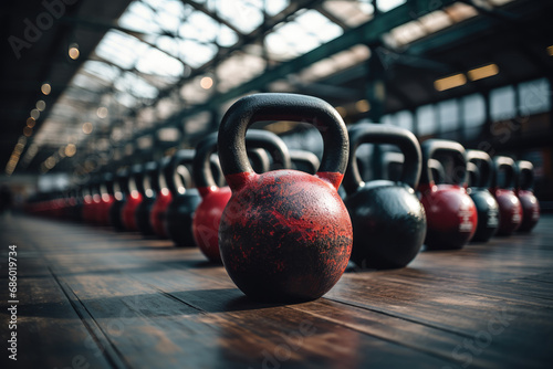 Kettlebells in the gym.
