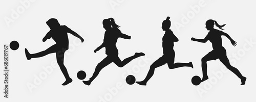 set of silhouettes of female football athletes running and kicking a ball. side view. isolated on white background. graphic vector illustration.