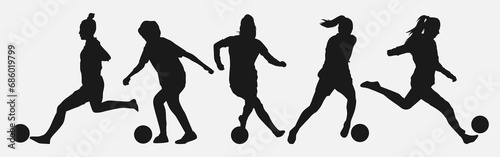 set of silhouettes of athletes, female football players. isolated on white background. graphic vector illustration.