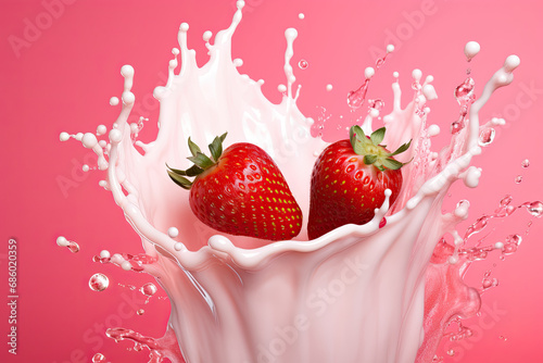 splashing milk strawberry on pink background