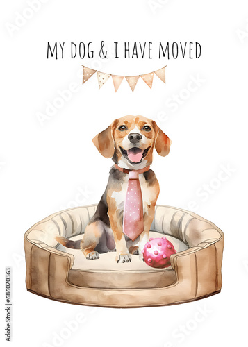 Dog lover moving announcement. Watercolor beagle breed We have moved card. Dog moving photo