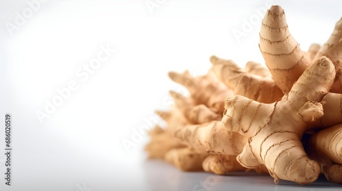 Close-up portrait of ginger rhizome against white background with space for text, background image, AI generated photo