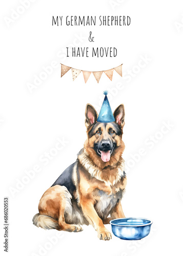 Dog lover moving announcement. Watercolor german shepherd breed We have moved card. Dog moving