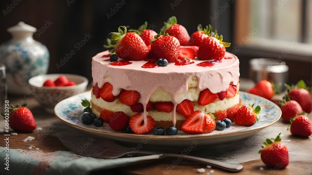 Victoria Sponge Cake with delicious Chantilly cream and fresh strawberries. strawberry cake on a black plate and marble worktop. Made with almond flour. Ai ganerated image Victoria Sponge Cake with delicious Chantilly cream and fresh strawberries. strawberry cake on a black plate and marble worktop. Made with almond flour. Ai ganerated image
