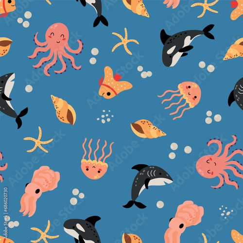 Seamless pattern with sea animals. Octopus, shark, cuttlefish, fish, jellyfish, snacks, starfish © Helga KOV