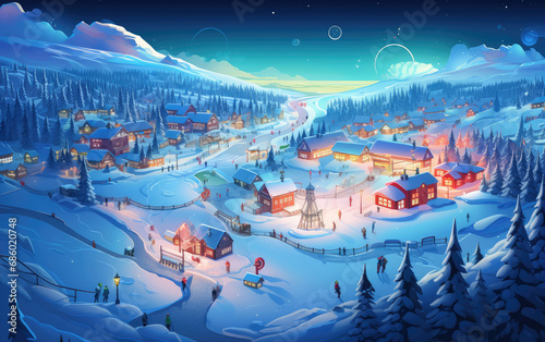 a map of snowy lapland showing a winter scene with christmas and people photo