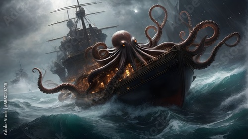 A huge octopus attack to ship. Octopus attack to piret ship. Ai ganerated image