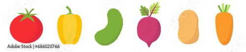 Vegetable icon set line. Root, beet, carrot, potato, pepper, potatoes, tomato, paprika, cucumber. Kids education. Vegetables collection. Different colors. Flat design. White background