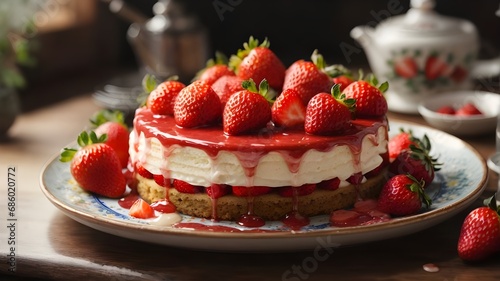 Fraisier mousse cake. Strawberry cake with sponge cake, mousse and jelly on a gray concrete background. Summer dessert. Selective focus.. Ai ganerated image photo