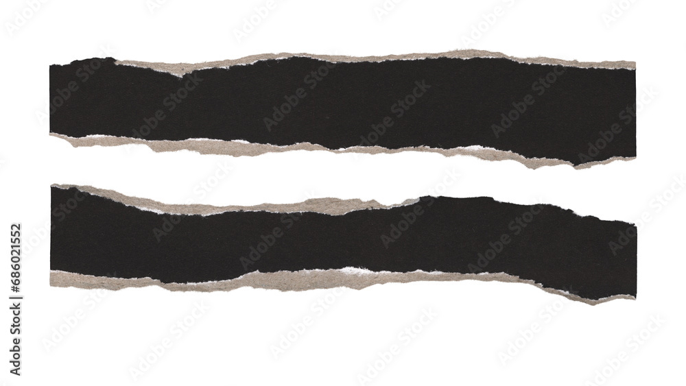 Set of torn and ripped paper stripes, lines with double edges from black paper in Y2K retro style, png isolated pieces on transparent background for text banner, mockups, textures, frame decoration
