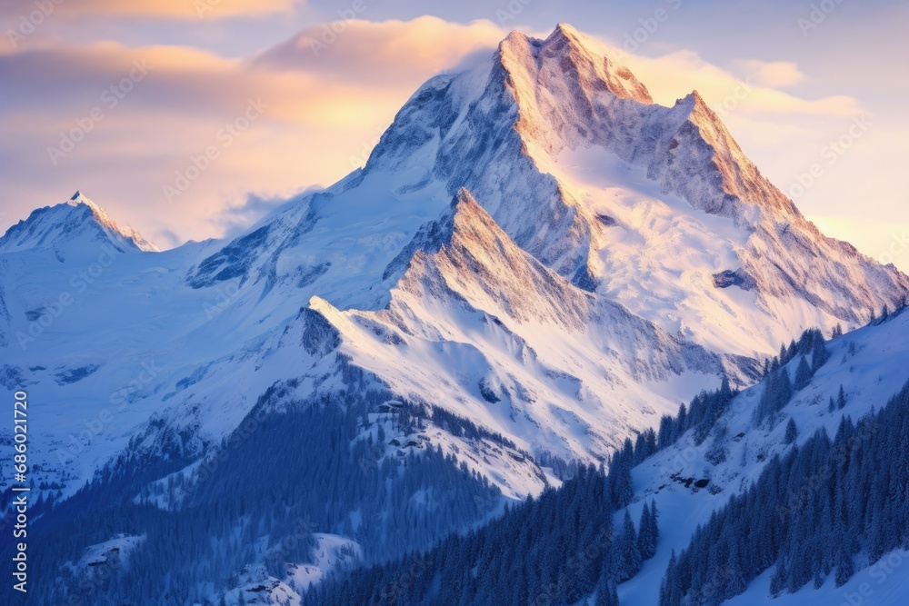 explore the majestic allure of snow capped mountain peaks in the early morning