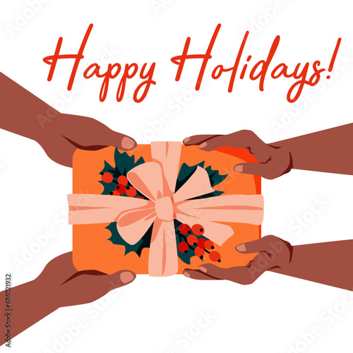 Hands with gift. Happy Holidays greeting card. Holding present box, holiday package in festive paper wrapping, tied with ribbon, bow. Christmas surprise. Vector illustration