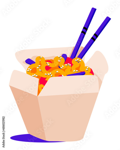 Wok noodles in box with chopsticks. Chinese food of seafood, fish or chicken. Vector illustration