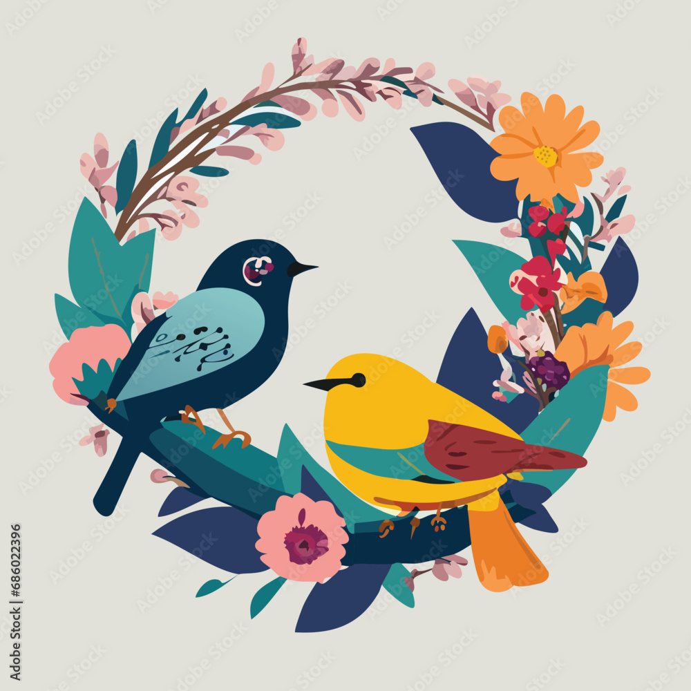 birds on a branch with flowers, birds isolated on white, vector. birds on a branch with flowers, birds isolated on white, vector.