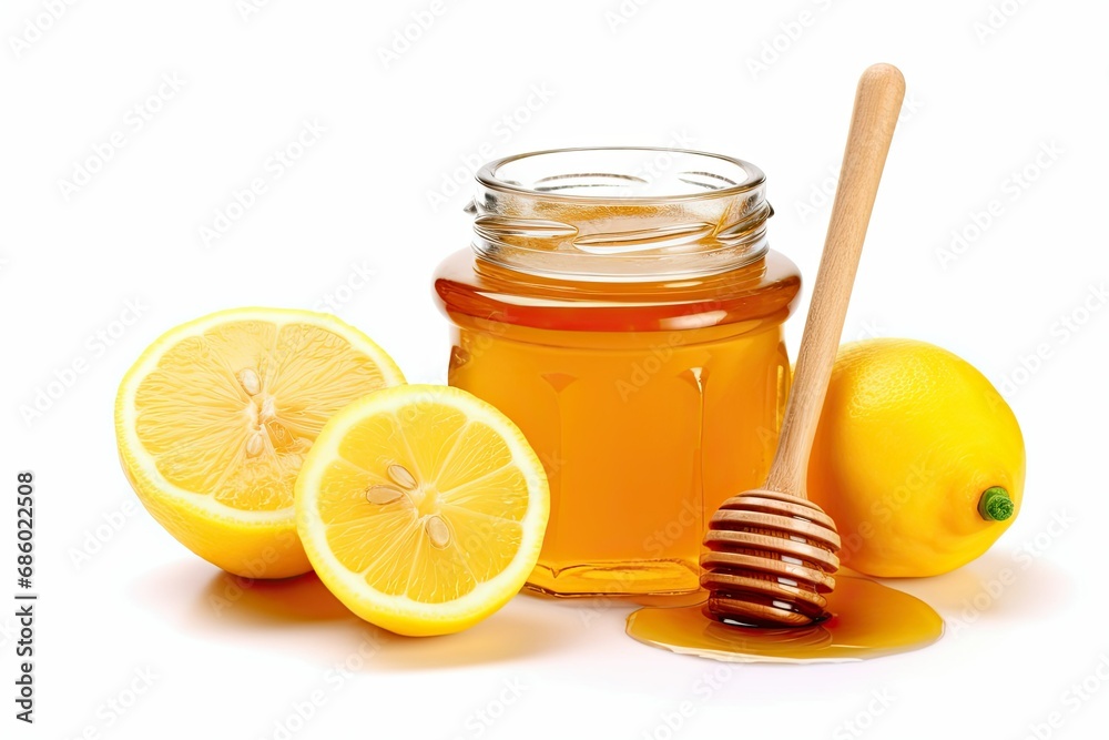 Jar of honey, lemon slices, on white background Jar of honey, lemon slices, on white background