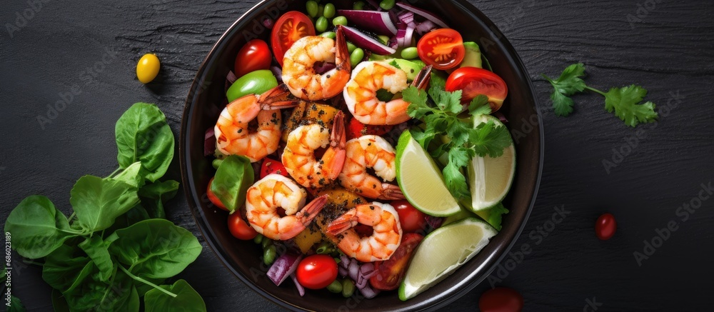 Mexican shrimp salad with fresh ingredients in a black bowl on a concrete table, viewed from above. Mexican shrimp salad with fresh ingredients in a black bowl on a concrete table, viewed from above.