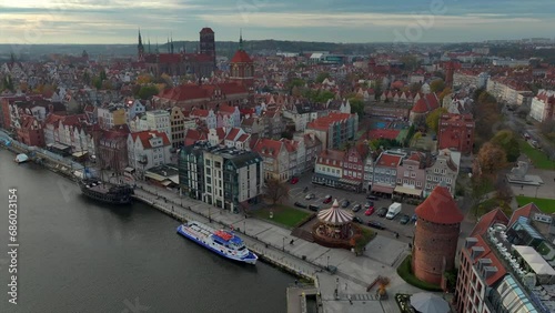 Drone shot of old town in Gdansk with Motlawa river photo