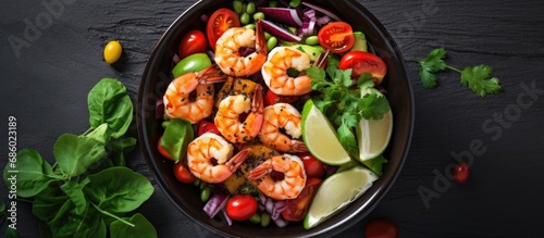 Mexican shrimp salad with fresh ingredients in a black bowl on a concrete table, viewed from above.
