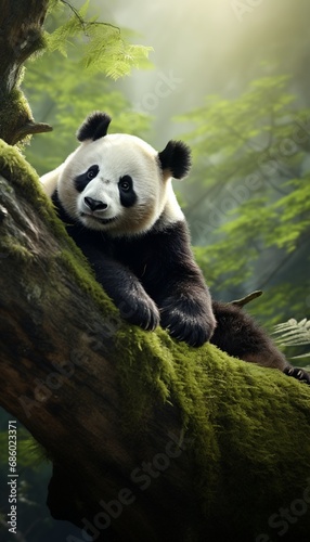 A Giant panda lounging on a tree branch  capturing a moment of relaxation in its natural habitat