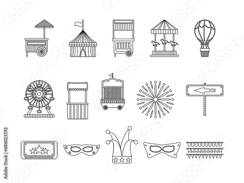 Carnival Equipment Collection Line Art Style. Entertainment Themed Design Vector Illustration on White Background.