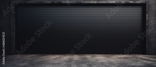 Metal shutter warehouse gate isolated, garage with black tilt-up retractable raised panel metal door. Shutters gates steel doors loading section garage view. Generative ai photo