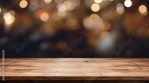 Empty wooden plank table top with festive fireworks  bokeh light background in the sky party holiday celebration.