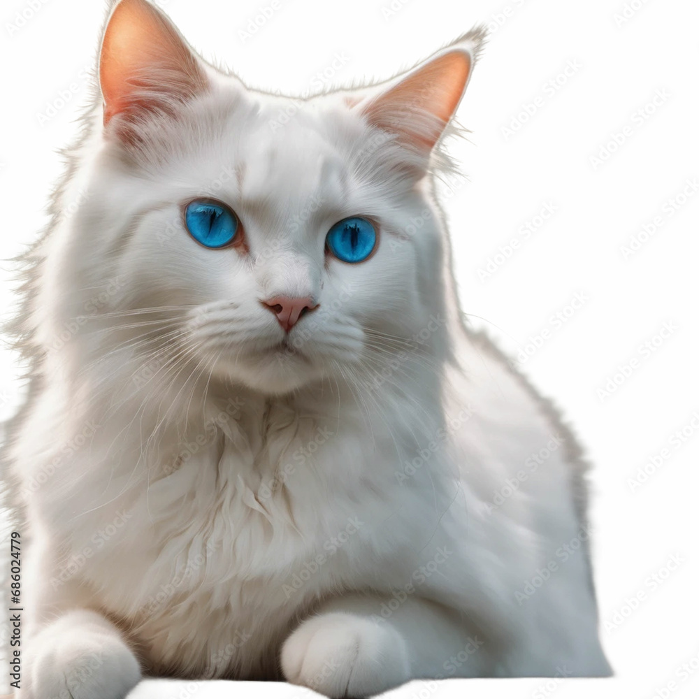 A majestic 3D white cat with piercing blue eyes