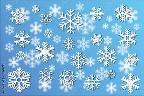 Beautiful falling snow flakes wallpaper. Snowfall dust freeze granules. Snowfall sky white teal blue background. 