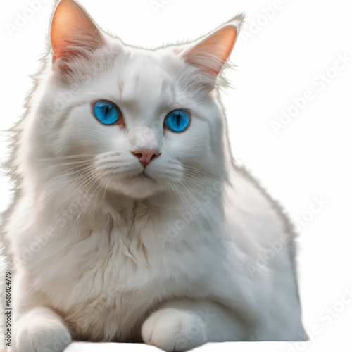 A majestic 3D white cat with piercing blue eyes