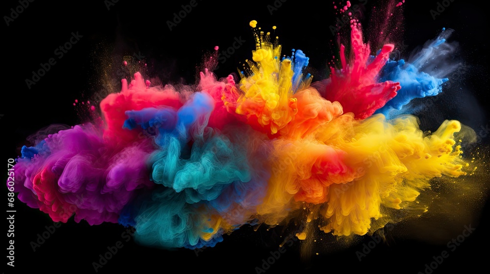Holi Night Burst. Colored Powder Explosion on Black Background.