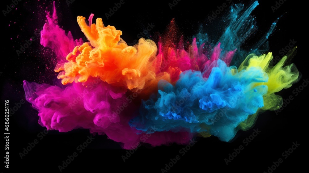 Holi Night Burst. Colored Powder Explosion on Black Background.