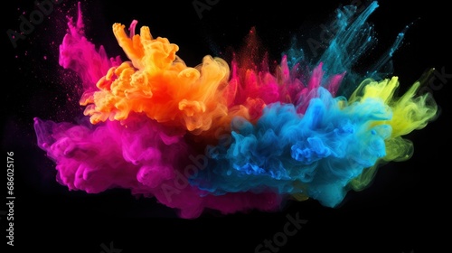 Holi Night Burst. Colored Powder Explosion on Black Background.