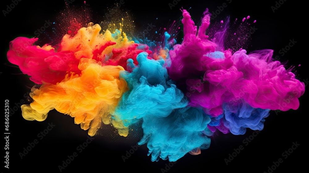 Holi Hues Explosion. Colorful Powder Burst Isolated on Black Background.