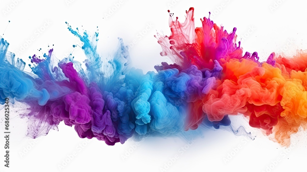 Dynamic Color Blast. Colored Powder Explosion on White Background - Abstract Closeup Dust, Holi Paint Effect.