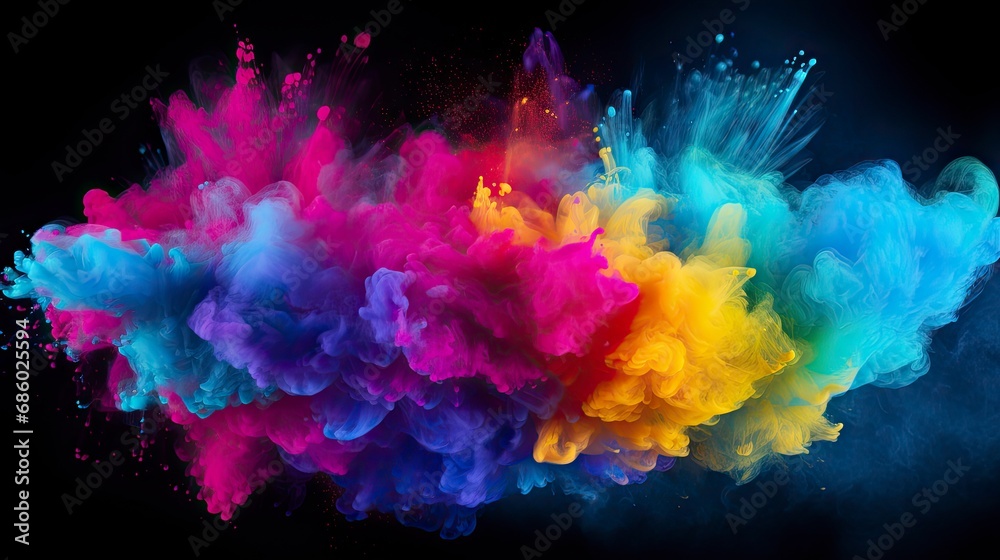 Holi Hues Explosion. Colorful Powder Burst Isolated on Black Background. Holi Hues Explosion. Colorful Powder Burst Isolated on Black Background.