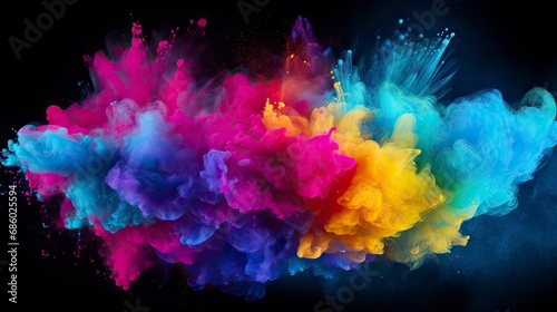 Holi Hues Explosion. Colorful Powder Burst Isolated on Black Background.
